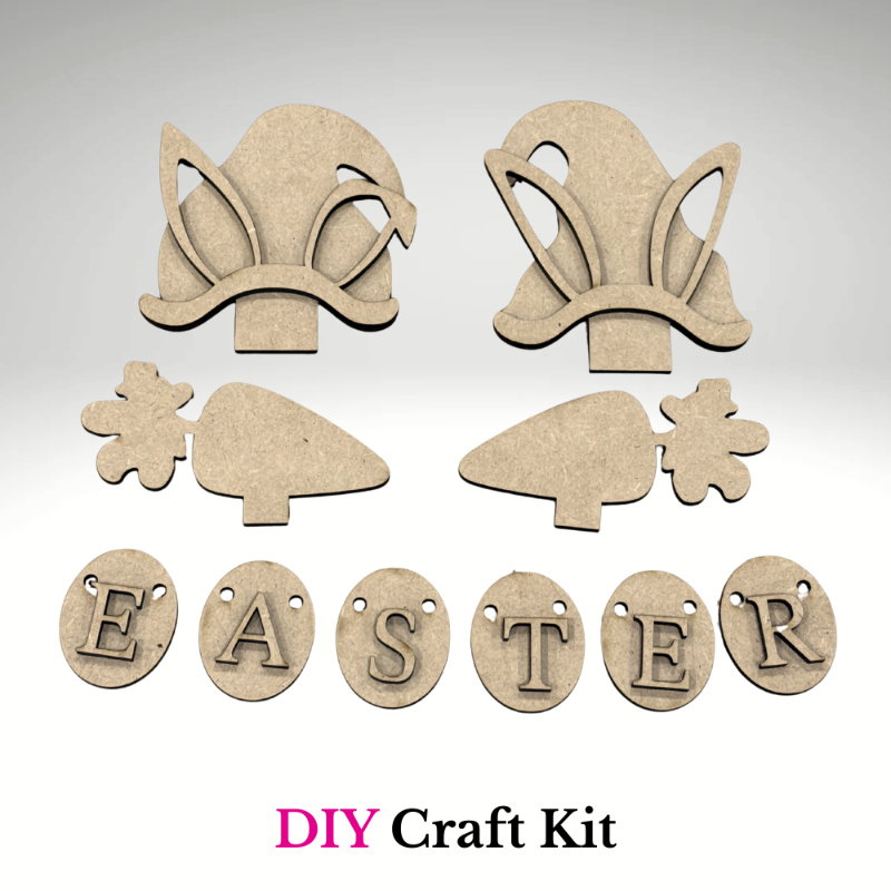 Unfinished laser cut Easter gnome DIY craft kit with wooden banner letters and carrot pieces ready to paint by Jazzi’s Creations