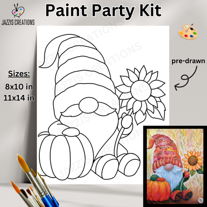 Paint Party Kit with pre-drawn gnome and sunflower design, paintbrushes, and completed artwork.