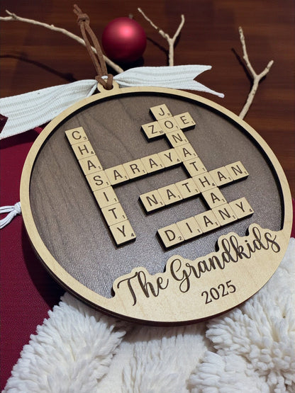 Personalized Scrabble Name Ornament – Custom Family or Pet Names, Up to 5 Names Included, 2025 Christmas Wooden Ornament
