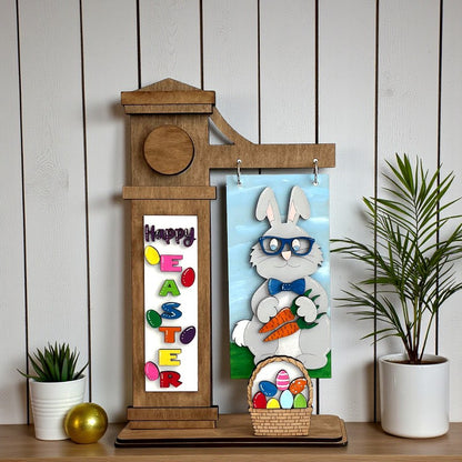 Happy Easter bunny interchangeable arm post insert by Jazzi’s Creations, laser cut Easter DIY insert for interchangeable post stand, paint your own seasonal tiered tray decor, spring bunny craft insert