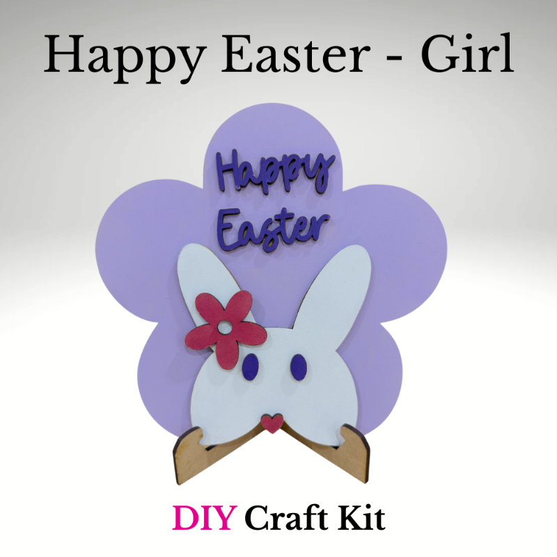 Girl Easter bunny DIY craft kit with purple flower background, flower accent bunny design, and layered Happy Easter wood sign, unfinished and ready to paint at jazzis creations in orange park fl