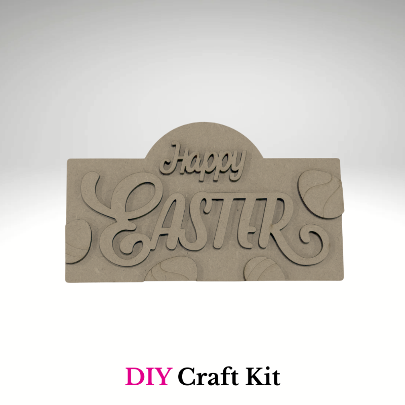 Unfinished Happy Easter interchangeable mini stand insert DIY craft kit with layered wood lettering and egg accents by Jazzi’s Creations in Orange Park Florida