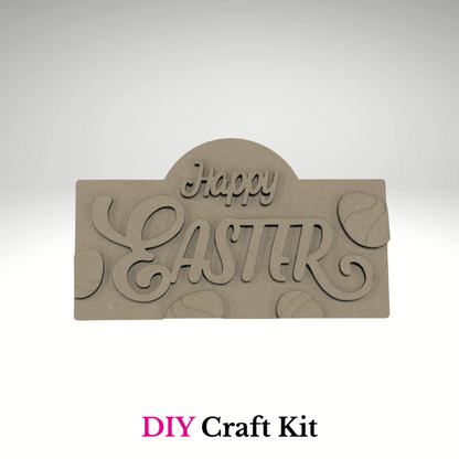 Unfinished Happy Easter interchangeable mini stand insert DIY craft kit with layered wood lettering and egg accents by Jazzi’s Creations in Orange Park Florida