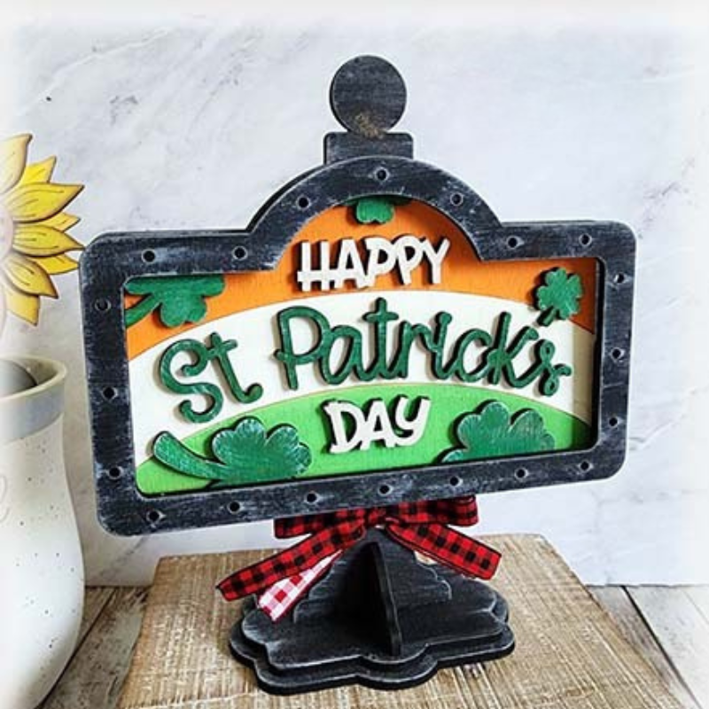 Painted Happy St. Patrick’s Day mini sign insert with layered shamrocks and festive lettering, designed to fit a mini sign base.