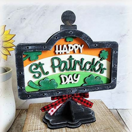 Painted Happy St. Patrick’s Day mini sign insert with layered shamrocks and festive lettering, designed to fit a mini sign base.