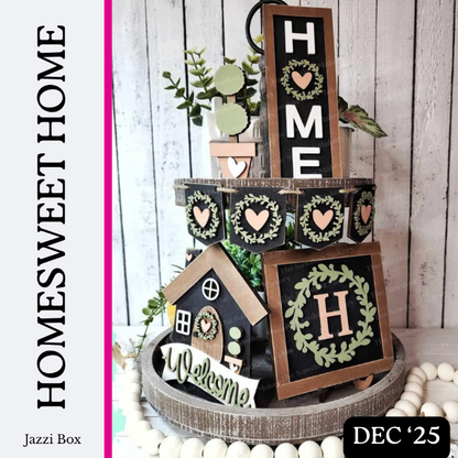 Decorative home decor set with 'HOME' and 'Welcome' signs on a wooden stand.