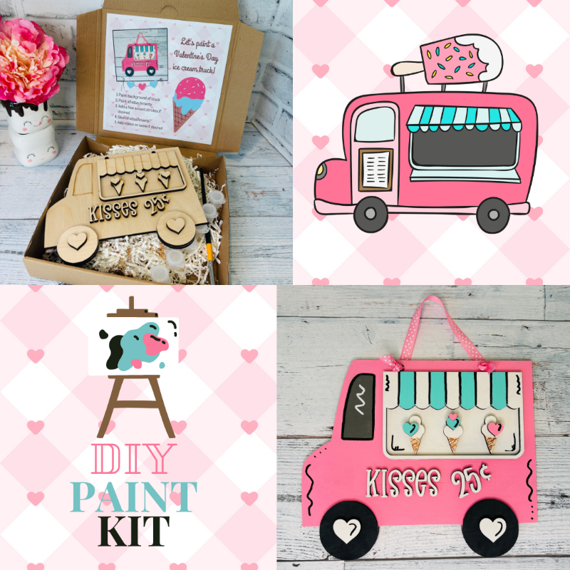 Collage of pink ice cream truck-themed products including a paint kit and wooden craft kit at jazzis creations in orange park fl