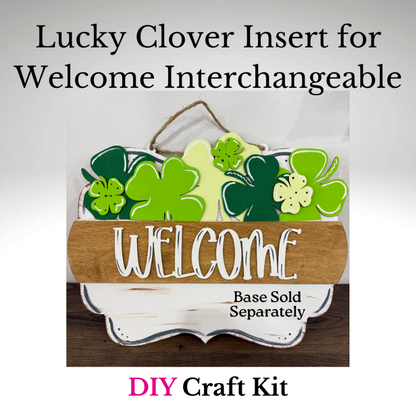 Decorative 'Welcome' sign with green clovers and text about a lucky clover insert and DIY craft kit.