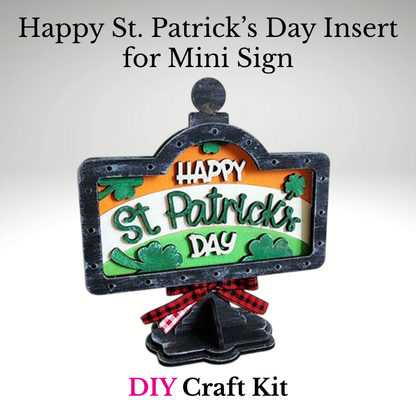 St. Patrick's Day craft kit insert with decorative text and a bow on a white background.