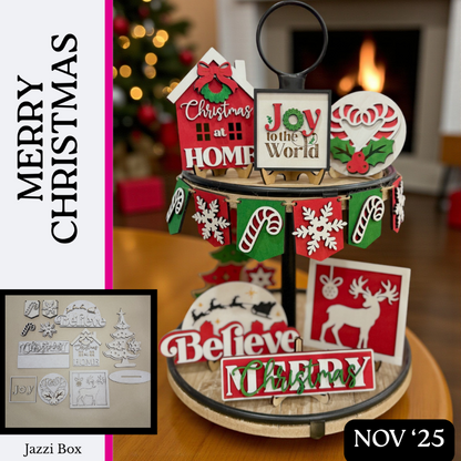 Decorative Christmas display with festive signs and a fireplace in the background