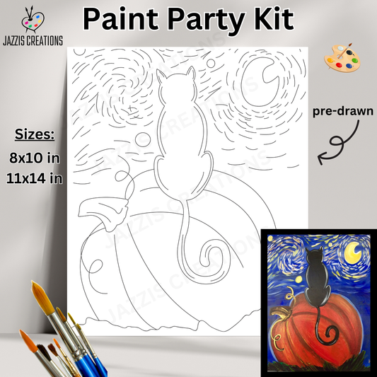 🌌🐾 Magical Nights Await with the Midnight Cat on Pumpkin – Paint Party Kit