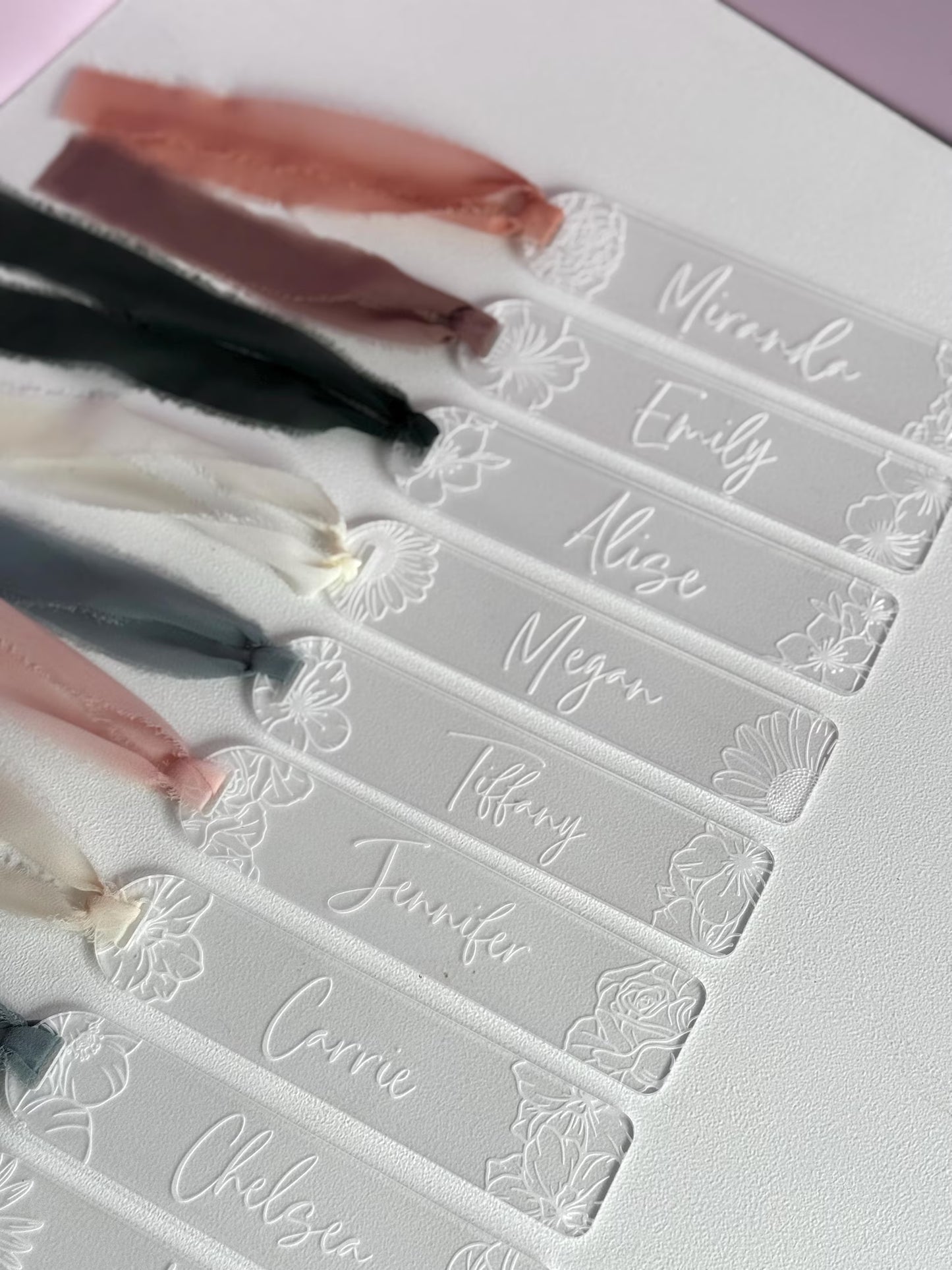 personalized acrylic bookmark with birth month flower and engraved name with ribbon