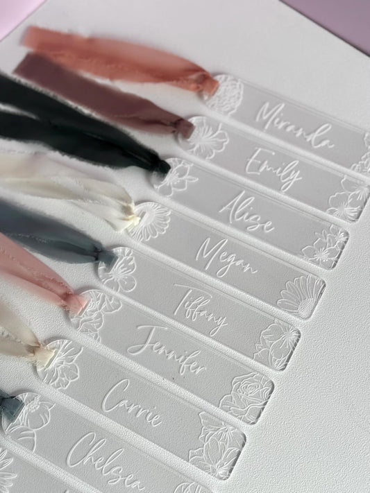 personalized acrylic bookmark with birth month flower and engraved name with ribbon
