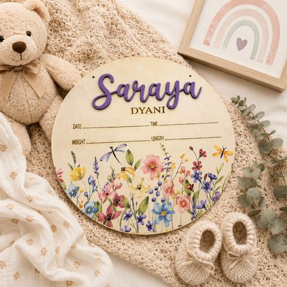 Jazzi's Creations personalized 10-inch floral baby birth announcement sign made from Baltic Birch with UV printed flowers, laser engraving, and raised 3D name lettering in Orange Park, Florida.