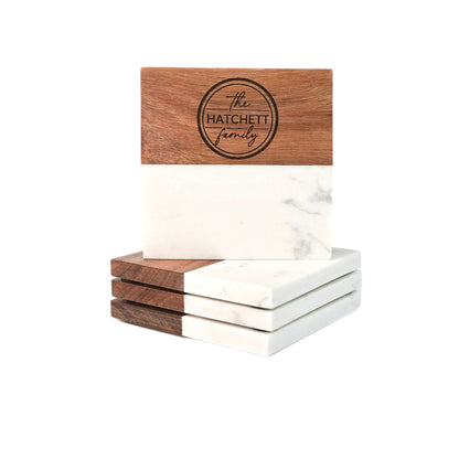 Custom engraved marble and acacia wood coaster set from Jazzi’s Creations for real estate closing and client appreciation gifts