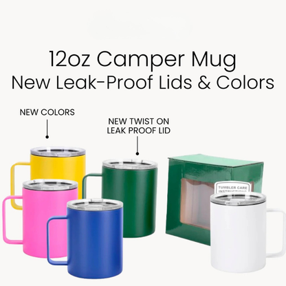 Engraved 12oz insulated camper mug with clear leak-proof lid by Jazzi’s Creations for custom business branding