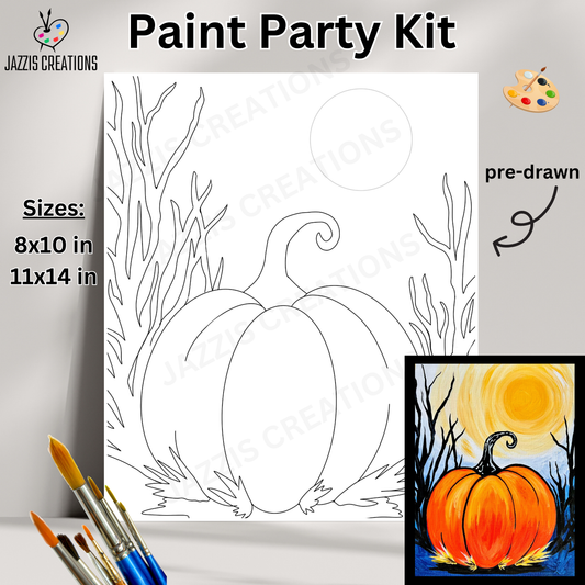 Paint Party Kit with pre-drawn pumpkin design and painting example, featuring Jazzy's Creations logo.