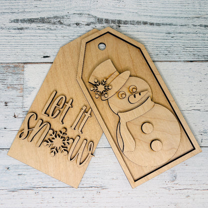 Wooden Christmas tags with snowman and 'Let it Snow' text craft kit at jazzis creations in orange park fl