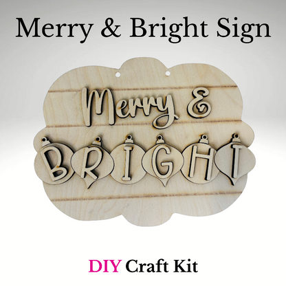 Wooden 'Merry & Bright' sign with text 'Merry & Bright Sign DIY Craft Kit' on a light gray background at jazzis creations in orange park fl