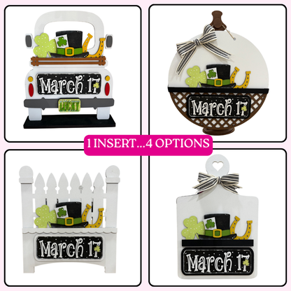 Four St. Patrick's Day-themed decorations with 'March 17' text, including a truck, pumpkin, fence, and sign at jazzis creations in orange park fl