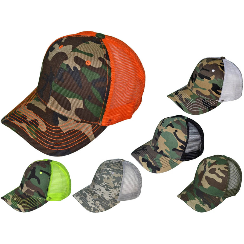 Camo and neon color options for structured snapback trucker hats at Jazzi's Creations in Orange Park, Florida.
