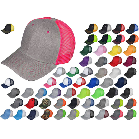 Color swatch of structured 6-panel snapback trucker hats available for custom embroidery and leather patch personalization at Jazzi's Creations in Orange Park, Florida.