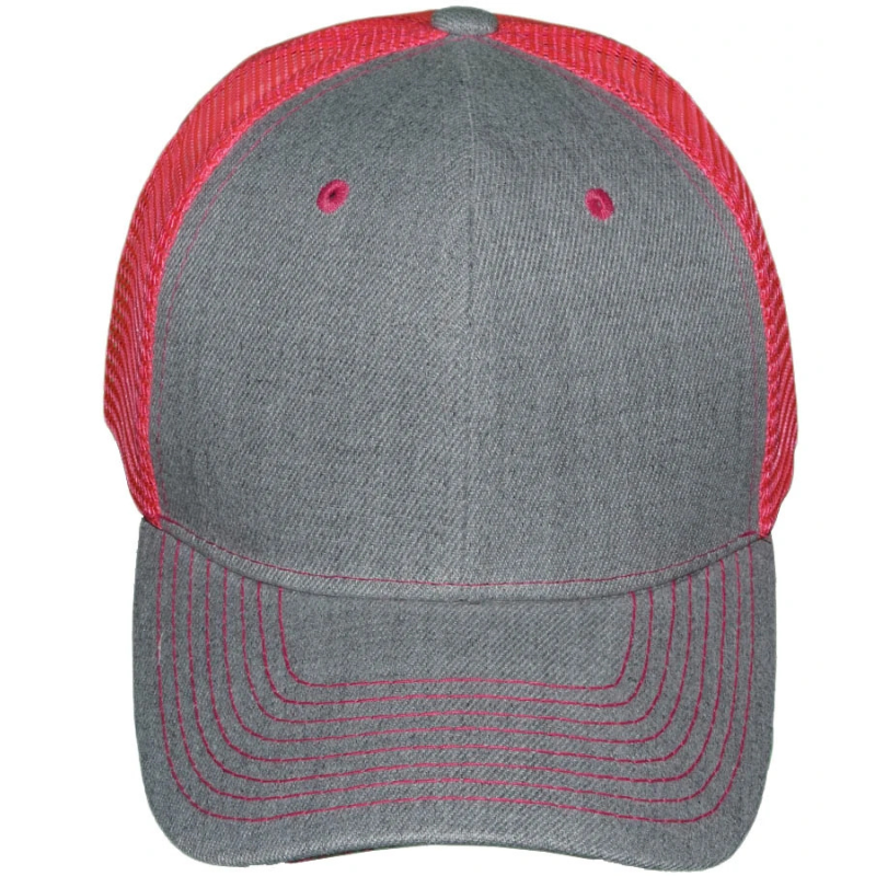 Front view of a gray and pink structured snapback trucker hat with buckram front panel, ready for custom embroidery or leather patch at Jazzi's Creations.