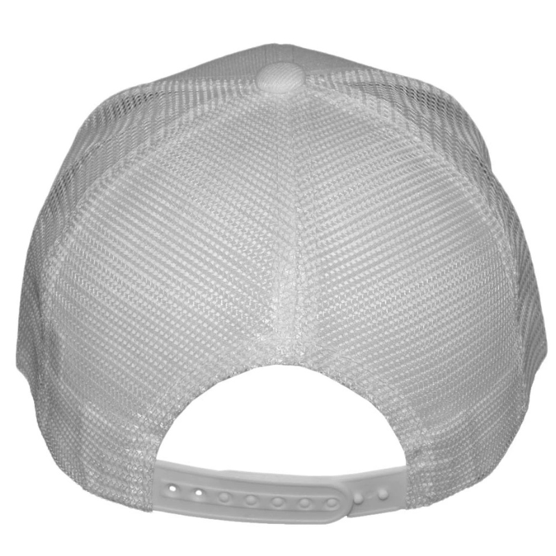 Back view of a structured snapback trucker hat showing the mesh panel and snapback closure at Jazzi's Creations in Orange Park, Florida.