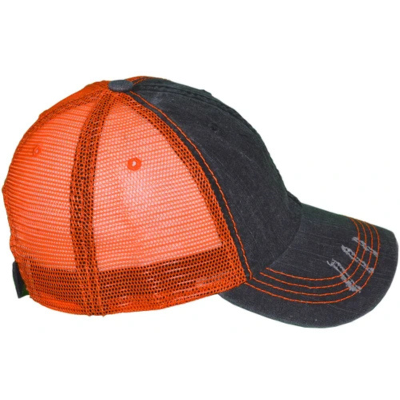 Front view of a black and red vintage distressed trucker hat with a frayed, pre-curved bill at Jazzi's Creations.
