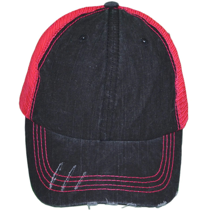 Side view of a gray low profile distressed trucker hat with mesh back at Jazzi's Creations in Orange Park, Florida.