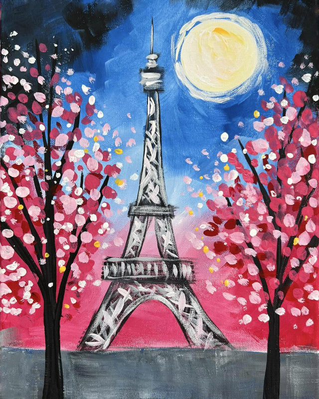 Painting of the Eiffel Tower with cherry blossom trees and a full moon at jazzis creations in orange park fl