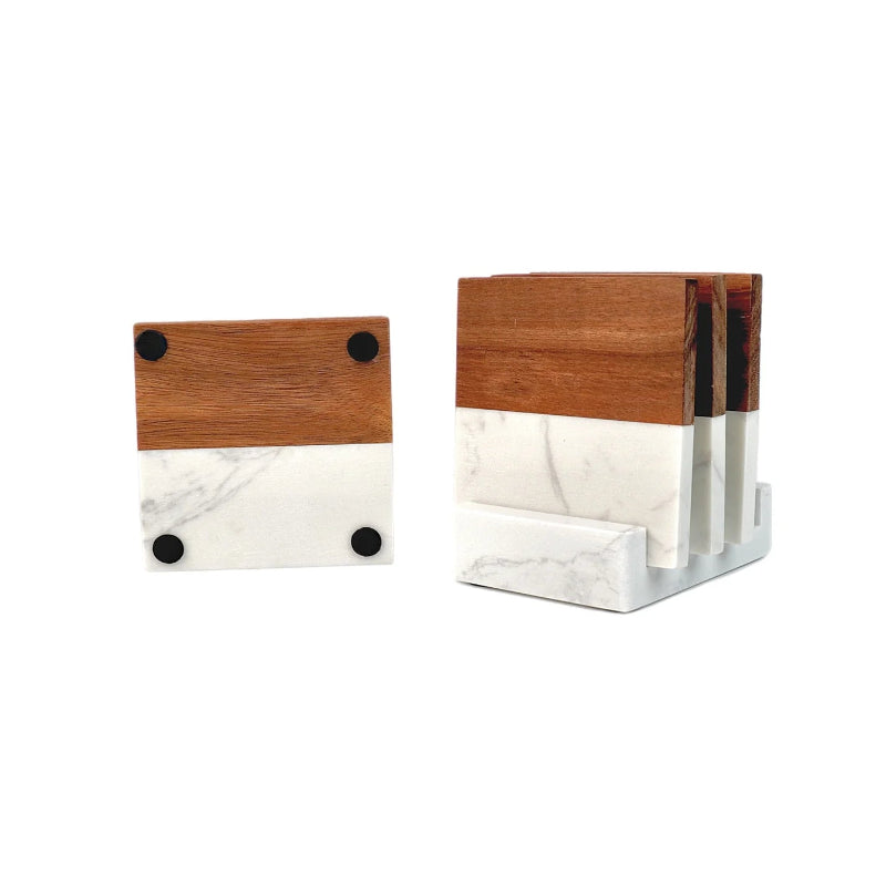 Marble and wood coaster set with heavy display holder by Jazzi’s Creations for luxury office and home decor