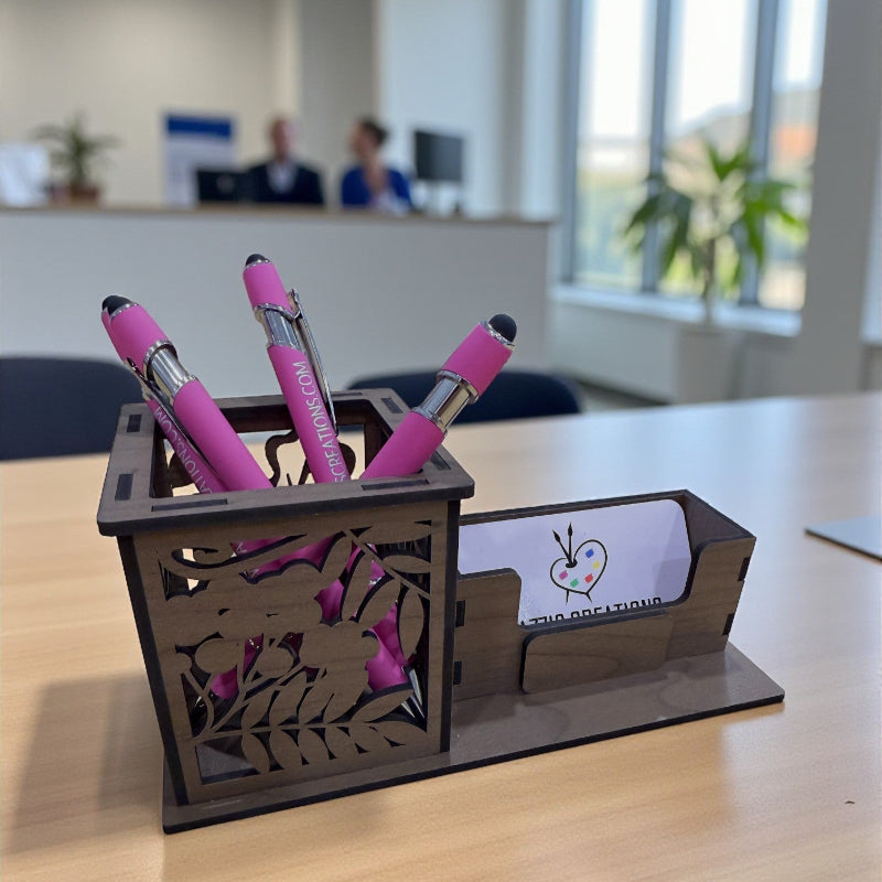 custom personalized wooden business card holder for corporate desk display, professional office accessory by Jazzi’s Creations, ideal for business branding and reception areas in orange park fl