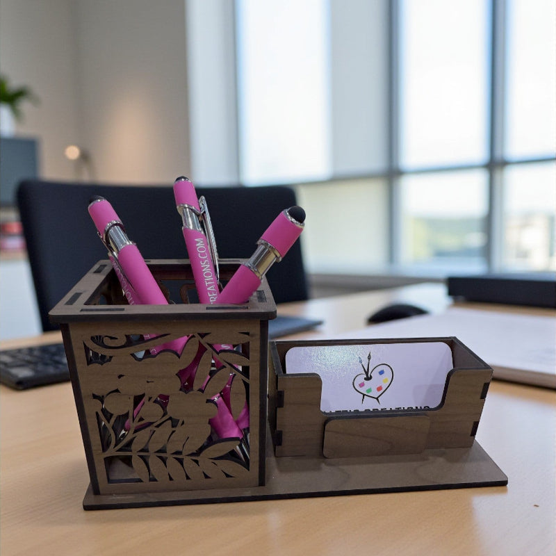 Laser cut wooden business card holder for corporate desk display, professional office accessory by Jazzi’s Creations, ideal for business branding and reception areas.
